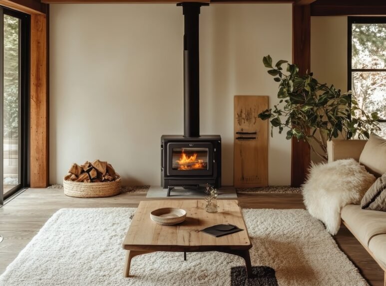 A beautifully designed living room showcases a modern wood-burning stove with warm lighting and neutral, minimalist decor, creating a cozy atmosphere.